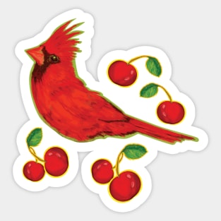 Very Red Bird with cherries - Illustration pattern Sticker